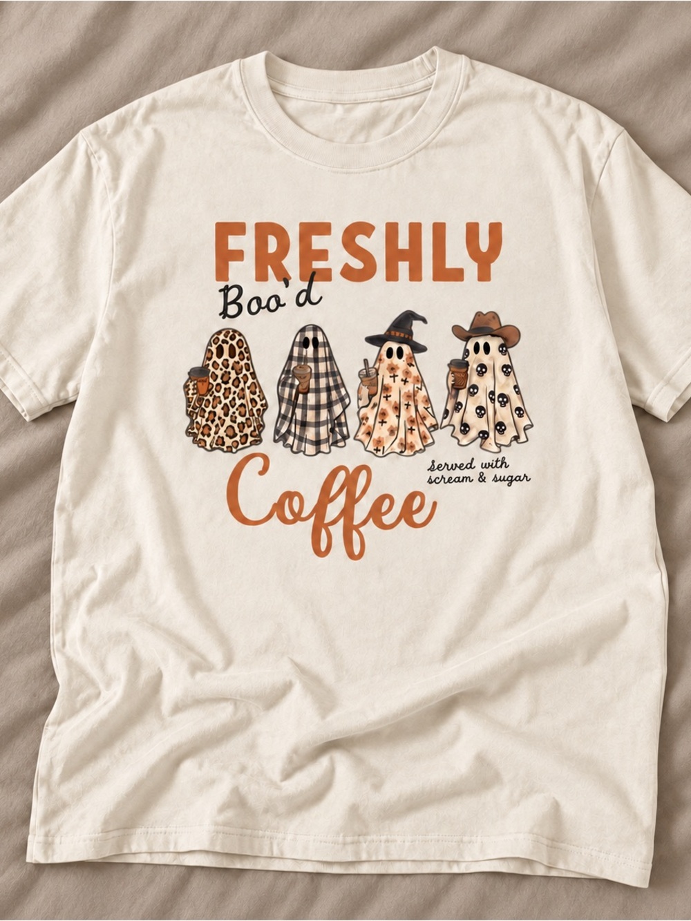 "Freshly Boo'd Coffee" Cute Ghost Halloween Graphic Tee – Natural (Gildan Reprin